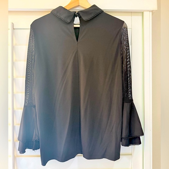 Athena Marie Elegant Black Blouse with Mesh Sleeves and Beaded Collar - Picture 3 of 4
